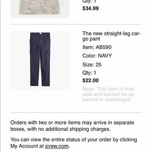 NWT J. Crew navy straight leg cargo pants in size 25